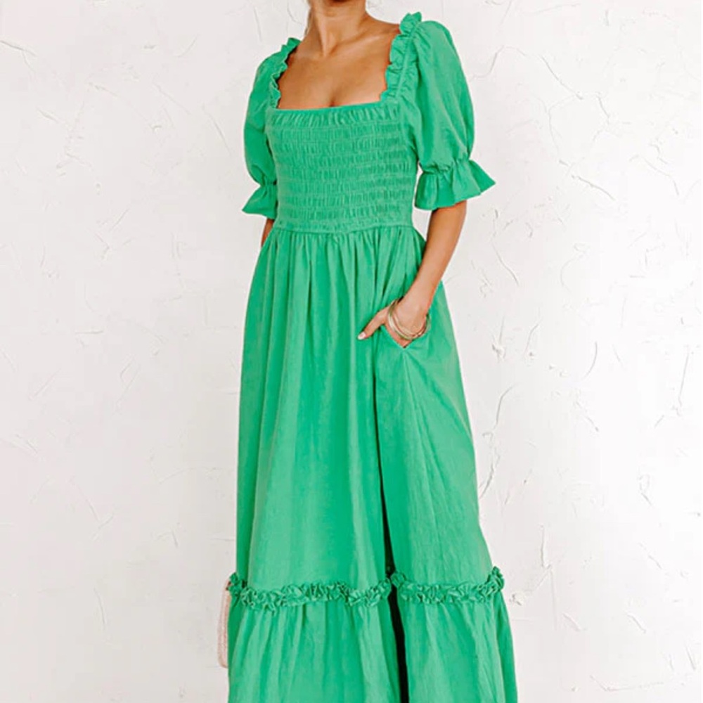 NWT- Ces Femme Green Smocked Maxi Dress
